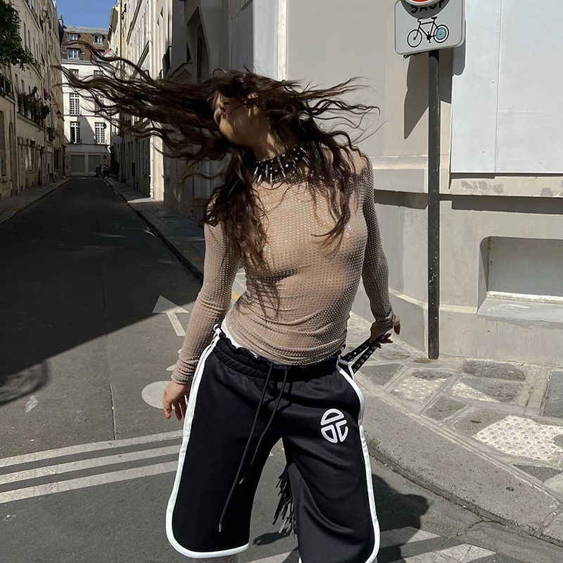 Women's T-Shirt Womens Tanks Bling Sparkle Crop Top Trendy Rhinestone Mesh Shr T-shirt Sexy S Through Long Slve Cover-up Ts Women Club Party Blou