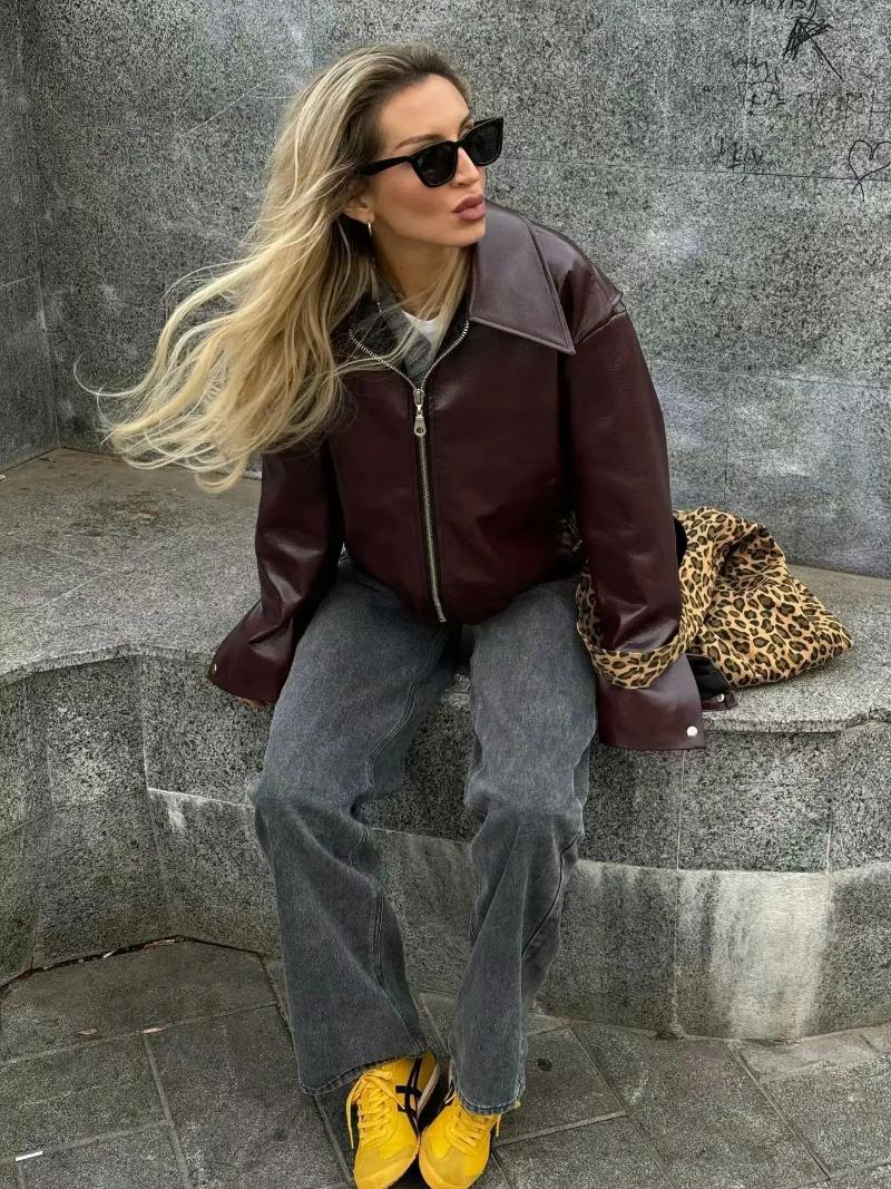 Womens Jackets Reddish Brown Faux Leather Jacket Outerwear 2025 Autumn Winter Turn-down Collar Thicken Zipper Lapel Pu Women Coats