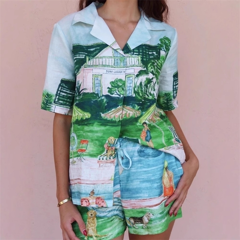 Women Tracksuits Two Pieces Set 2025 New Fashion Versatile Linen Graffiti Set Sportwear