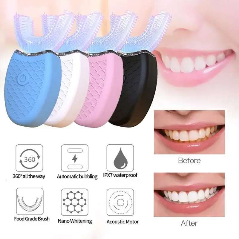 Electric Toothbrush Automatic Ultrasonic Teeth Brush, 360° Nano Silicone U-Shape, USB Rechargeable - NewTech
