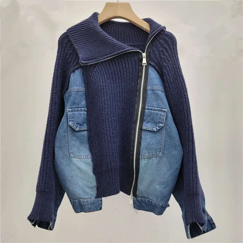 Fashion New Women's Irregular Stand Collar Knit Denim Coat Winter Trendy Long Sleeves Zipper Jacket Female