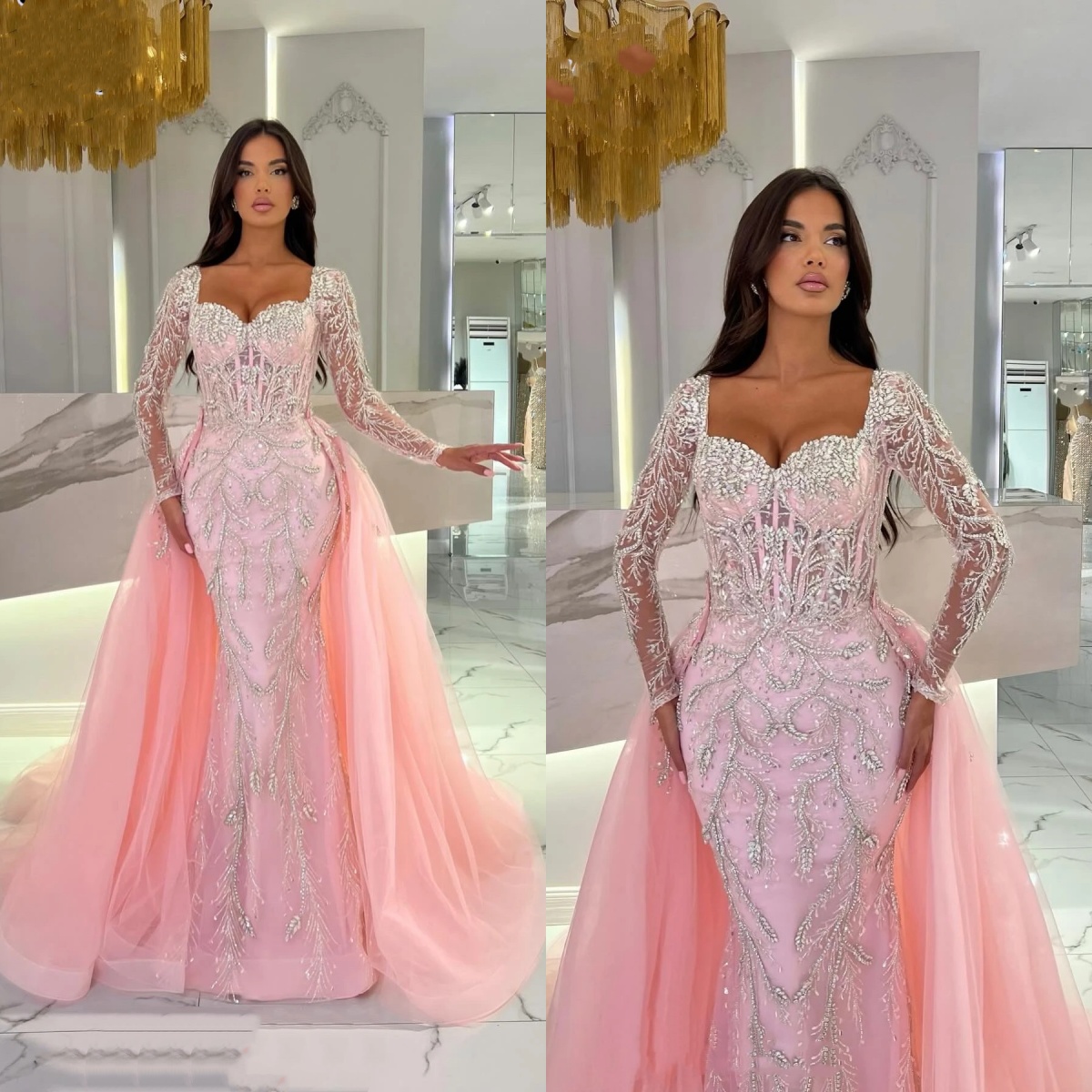 Classic Evening Dresses For Women Sweetheart Neck Long Sleeves Gown Crystal Appliques Detachable Train Customized Dress Party
