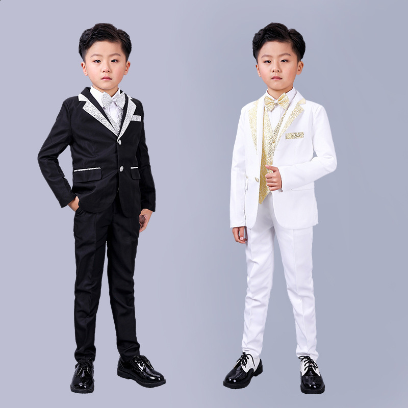 Boys Slim Fit Suits 5 Pieces Set Jacket With Gold Rims For Wedding Party Prom Kids Blazer Vest Pants Shirt Bowtie outfit 241126