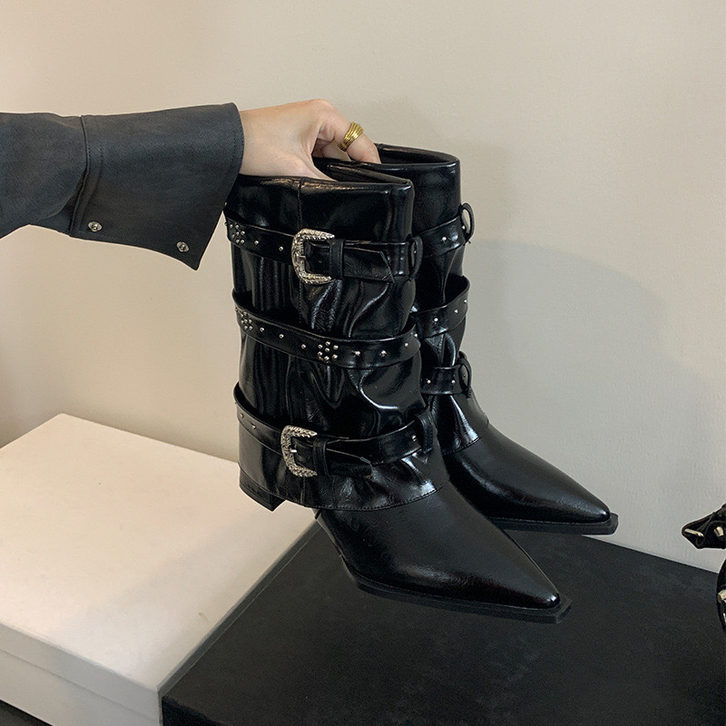 2024 Autumn/winter Square Toe Chunky Heels for Fold Belt Buckle Boots Mid-calf Women Shoes 744e