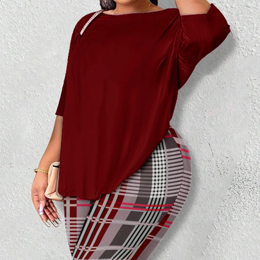 Women Clothing Winter Outfit Plus Size Long Sleeves Tops Plaid Print Pants Two Pieces Sets Autumn Chic Streetwear Fashion Suit 250106