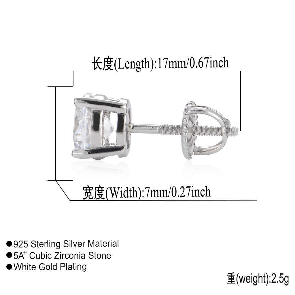 Fashion Simple Style Hip Hop Iced out White Gold Plated 5A CZ Stone 925 Sterling Silver Round Stud Earrings Men and Women Gift