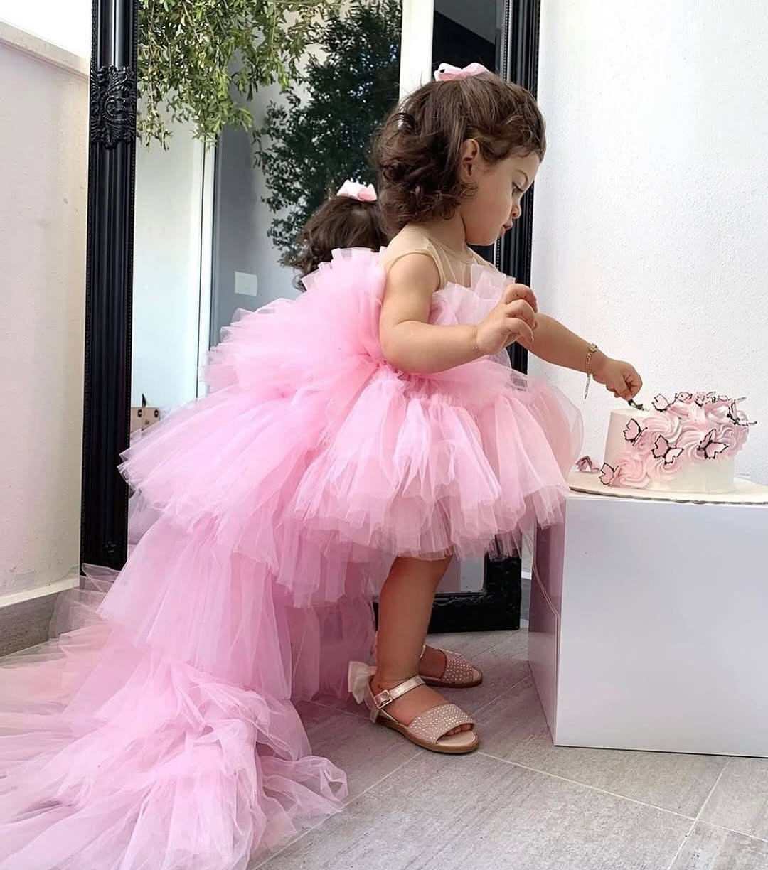 High Pink Low Princess Wer Girl Dresses For Wedding Sheer Jewel Necke Toddler Pageant Gowns Tulle Tiered Birthday Party Dress