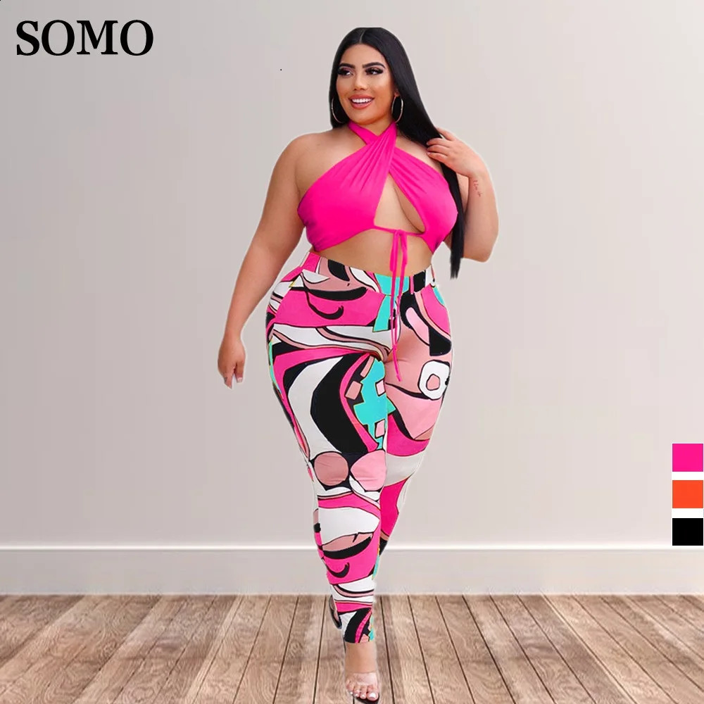 5xl Summer Outfits Sexy Lace Up Top Print Sweatpants Hollow Out Plus Size Two Piece Set Clothing Wholesale Drop 250106