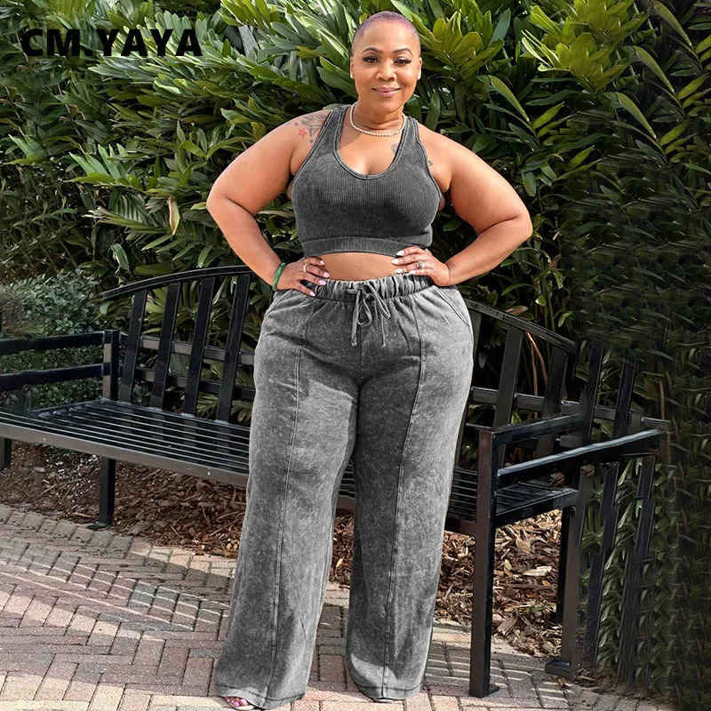 CM YAYA Plus Size Tie Dye Printed Womens Set Sleeveless Mini TopWide Leg Straight Pants Washing Two Piece y250122