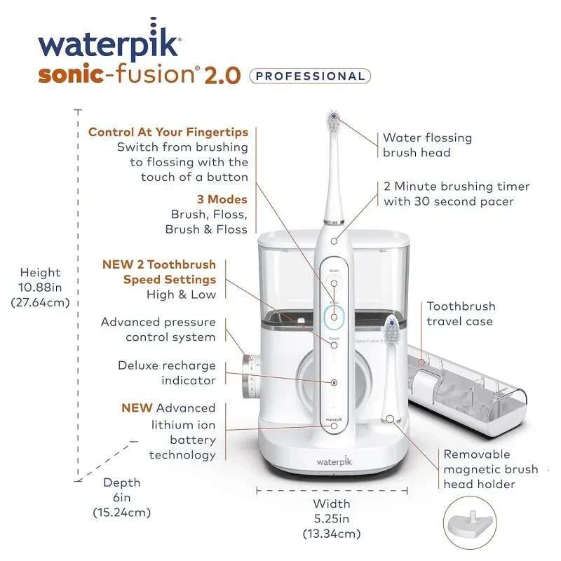 QWWaterpik Sonic-Fusion 2.0 Professional ssing Toothbrush,Electric Toothbrush and Water sser Combo In One,White