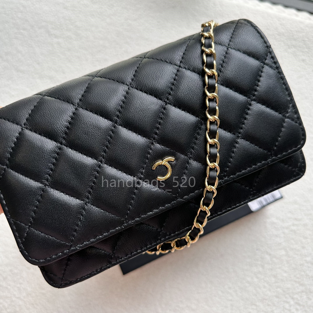 Classic Black Sheepskin Wallets with Chain Mini Shoulder Bag for Women Genuine Leather Card Holder Crossbody Phone Bag