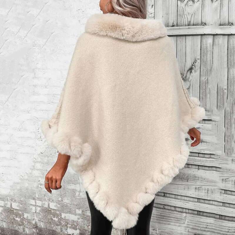 Fashion Plaid Stripes Faux Fur Pullover Cape Coat Women Autumn Winter Knit Poncho Cloak Wraps Travel Leisure Party Shawl