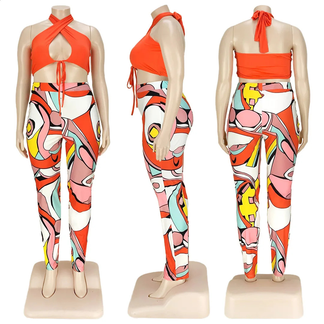 5xl Summer Outfits Sexy Lace Up Top Print Sweatpants Hollow Out Plus Size Two Piece Set Clothing Wholesale Drop 250106