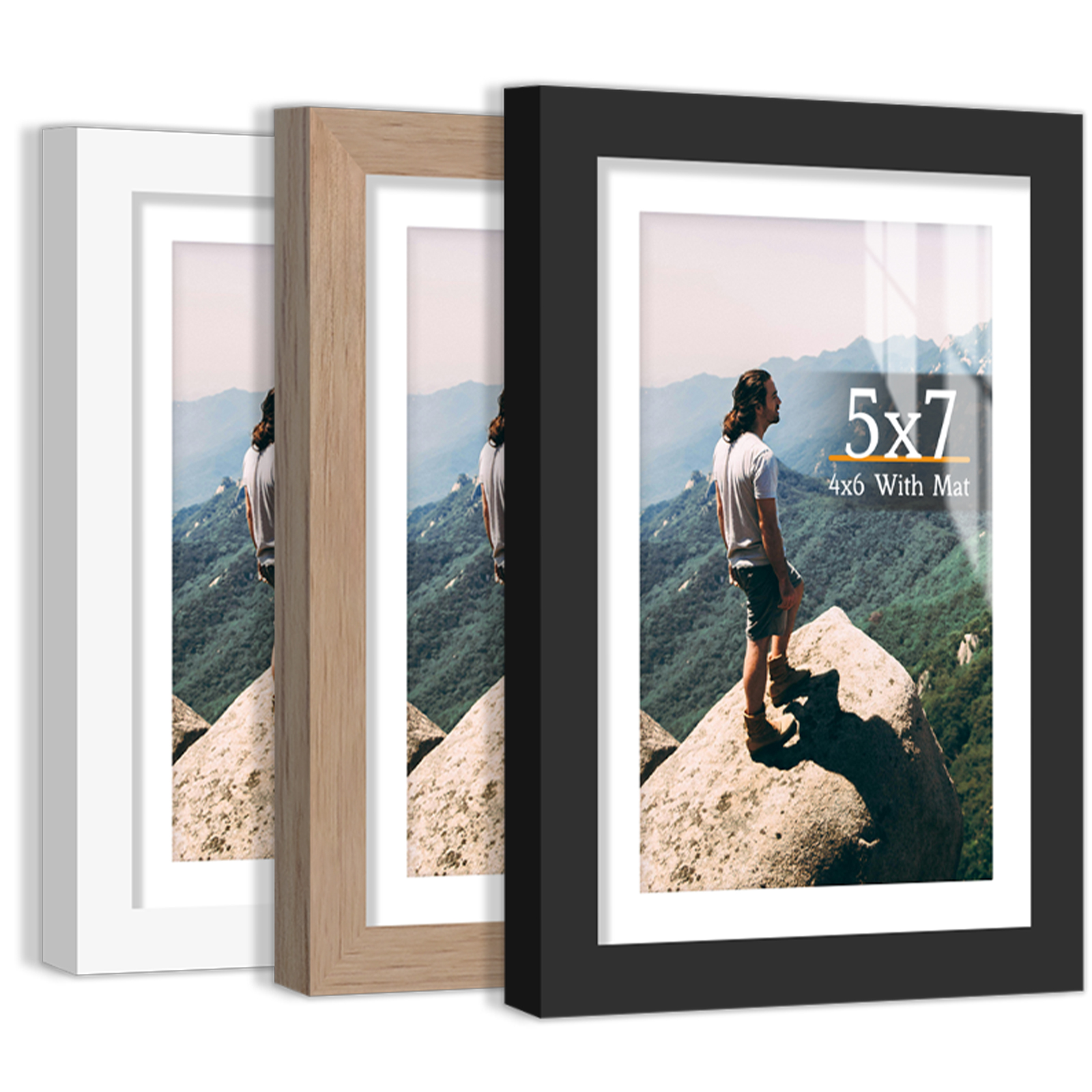 3pcs Picture Boxed Set, Display Pictures 4x6 With Mat or 5x7 Without Mat, Black/White/Burlywood Photo Frames H260306