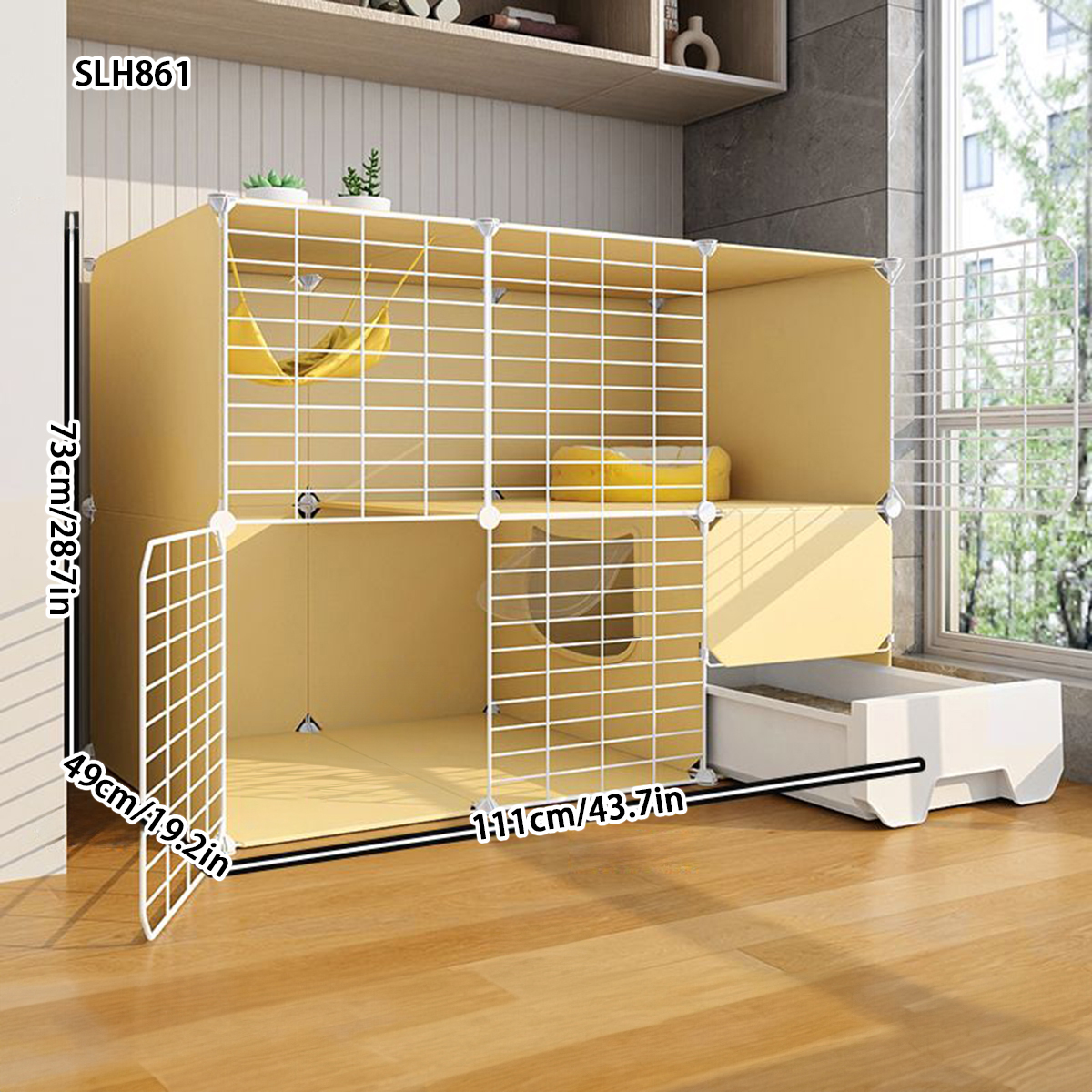 Space-Efficient Indoor Cat Cage with Integral Sandbox Perfect Kitty Hideout for Homes