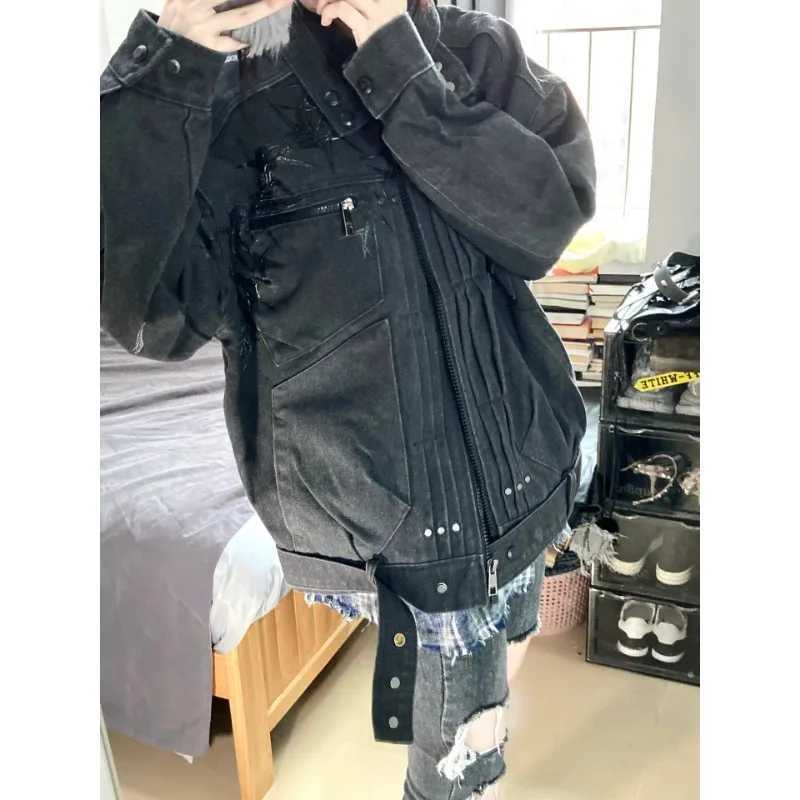 American vintage splicing distressed design zipper denim jackets men high street trend 2025 new versatile couple winter jackets X250113