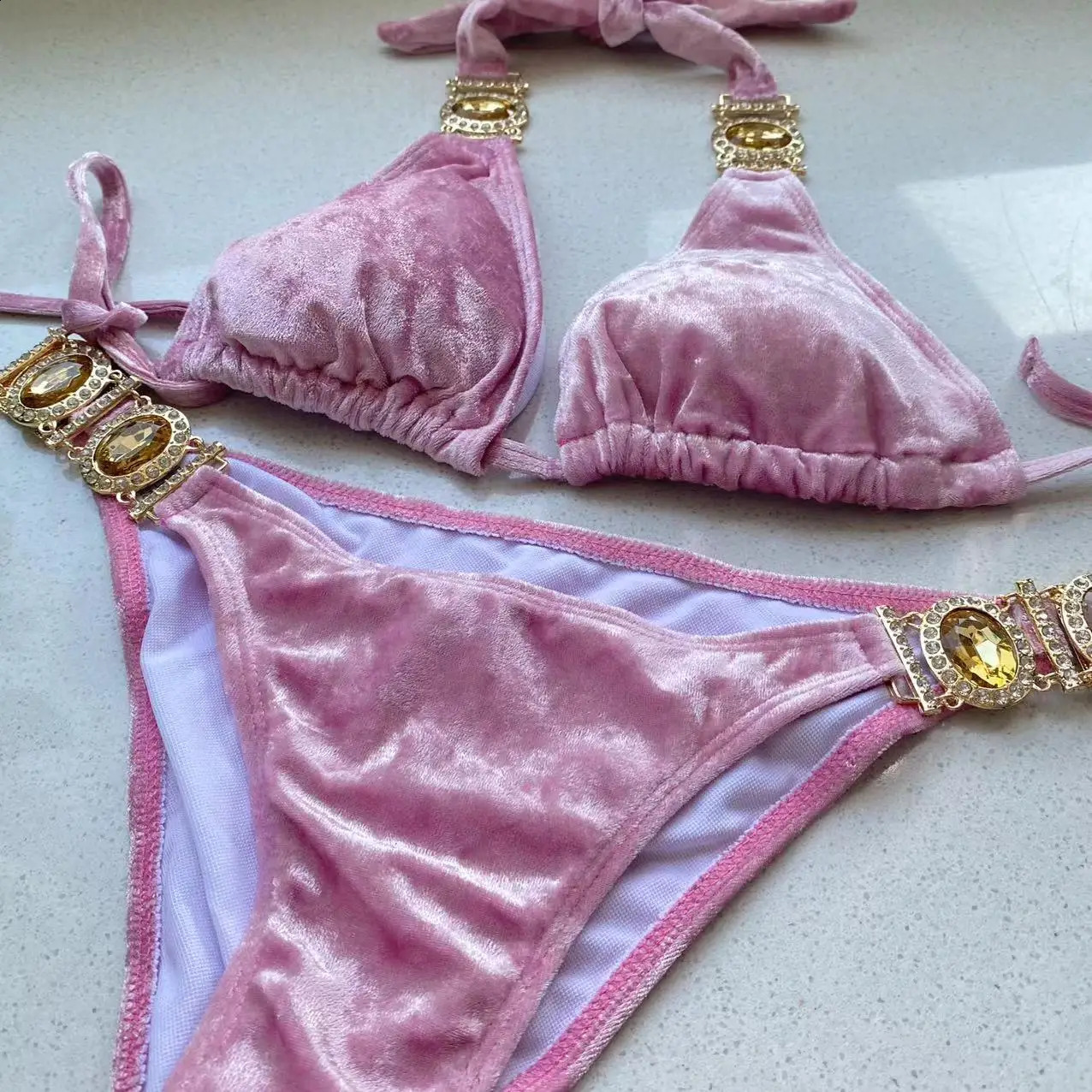 Sexy Velvet Pink Swimsuit Womens Diamond Mini Bikini Top up T-shaped Swimsuit Brazil Beach Swimsuit 250109