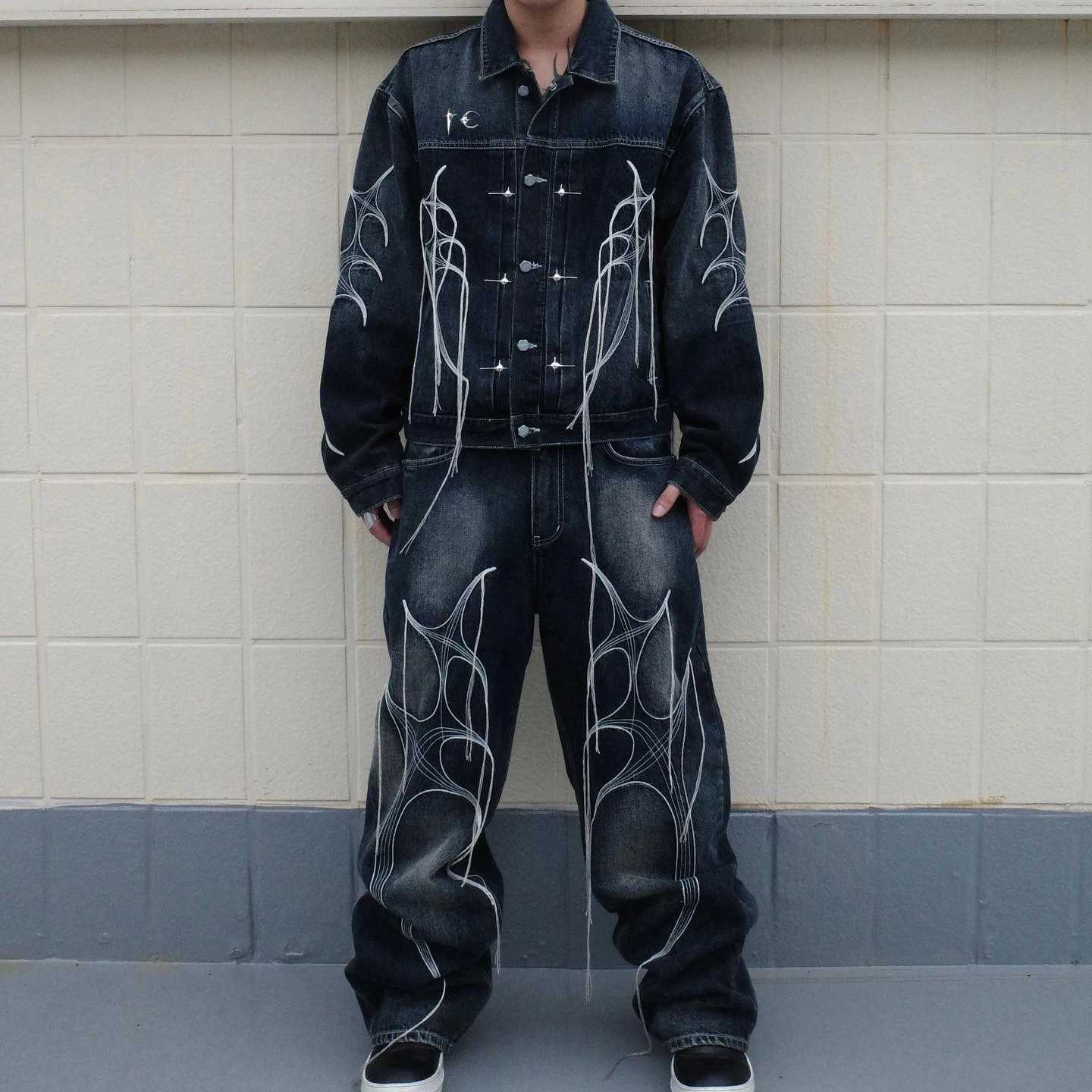 Harajuku Wing Embroidery String Tassel Black Jeans Jacket for Men and Women Lapel Washed Casual Bomber Denim Coat Oversized X250113