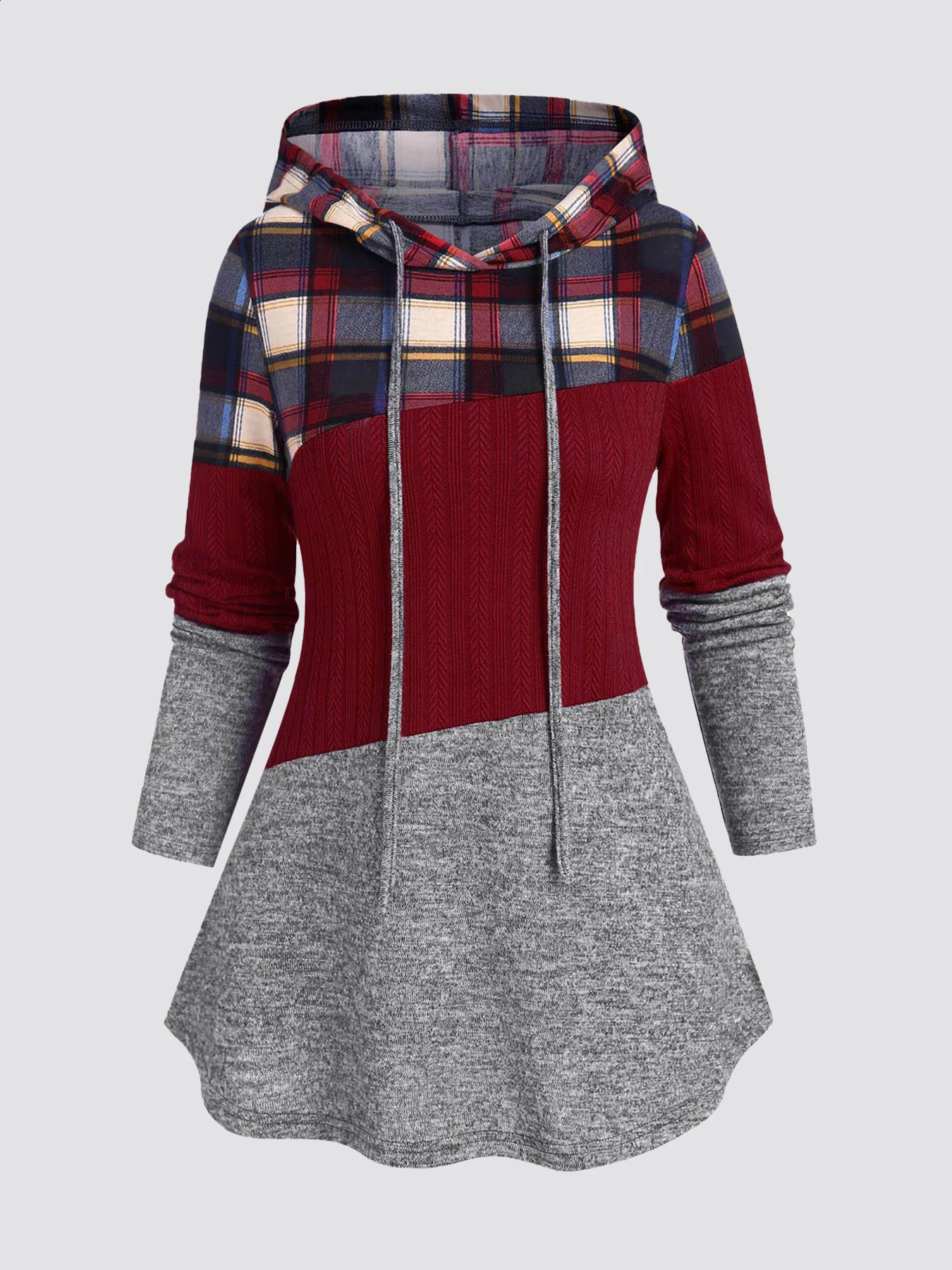 Plus Size Womens Suit Hooded Sweatshirts Colorblock Plaid Print Hoodie Drawstring Textured Tops Denim Pants Set 250106