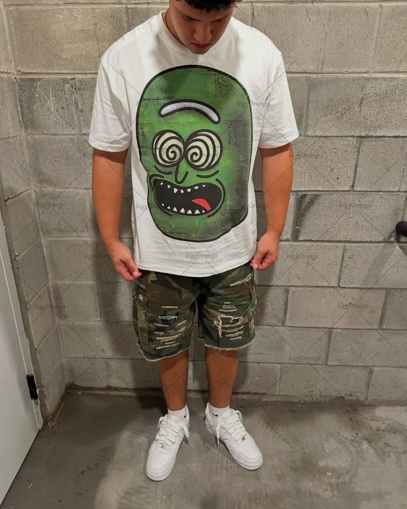 Hip-hop Punk Trend Streetwear Short-sleeved Harajuku Spoof Anime Print Oversized T-shirt Men American Retro Casual Top 250109