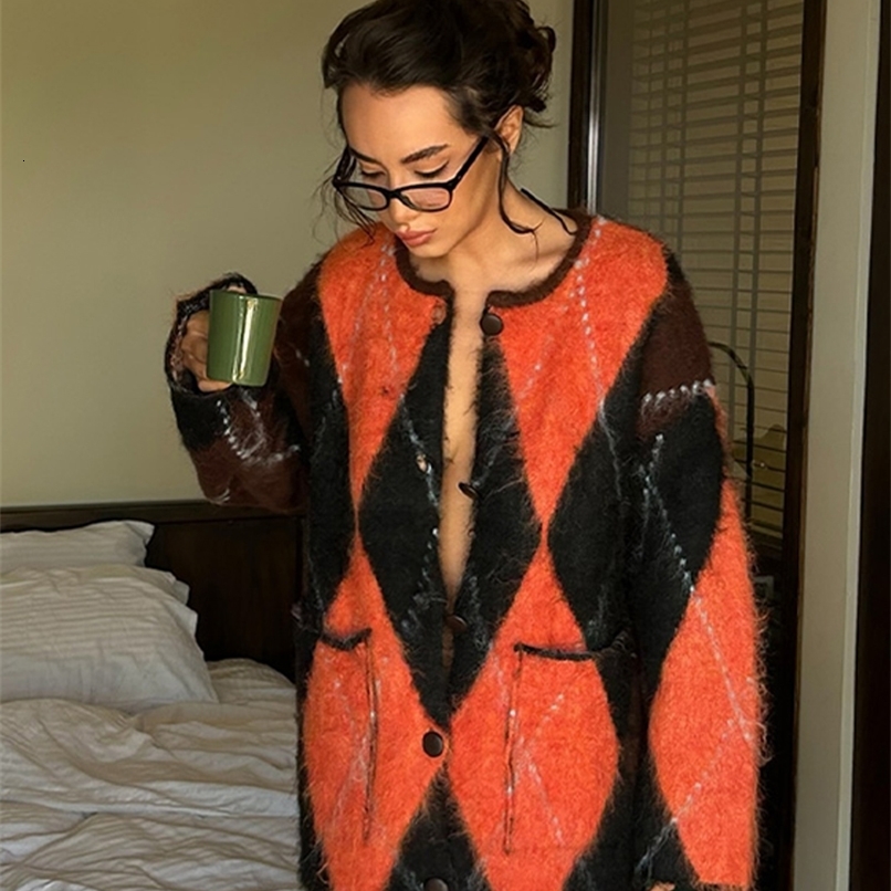 Mohair Plaid Contrast Women Sweater O Neck Full Sleeve Lady Cardigan 2024 Fashion Autumn Loose Single-breasted Female Knitwear 241225