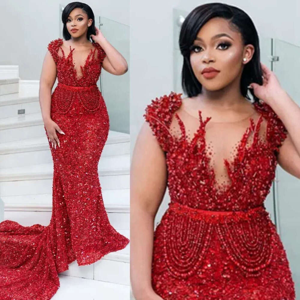 African ESO EBI Red Prom Dresses Mermaid Sheer Neck Sequined Lace Beads Formal Evening Dress Women Birthday Ocn Gowns 6660311