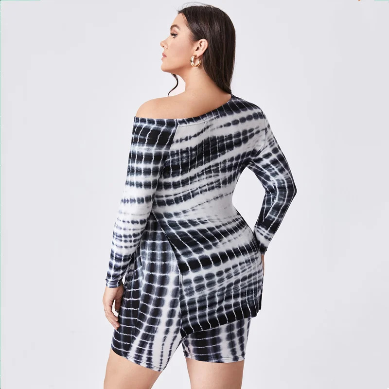 Plus Size Tie Dye Summer Spring Fashion Two Piece Set Outfits Oblique Neck Long Sleeve Top Blouse And Biker Shorts 6XL y250122