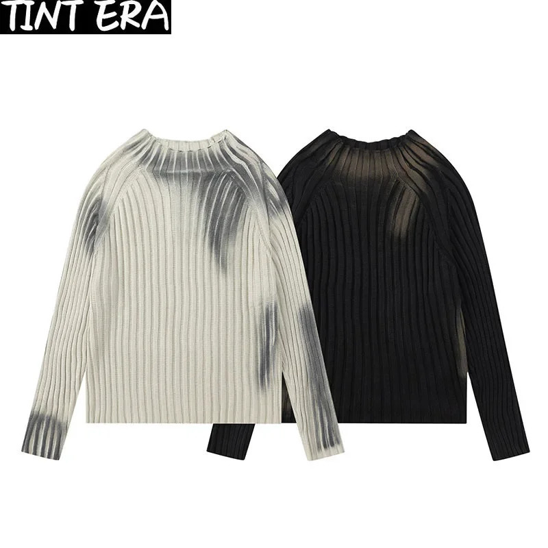 High Street Paint Graffiti Old Slim Fit Knitted Tshirt Ins Lazy Style Sweater Fashion Tops Pullover 250113