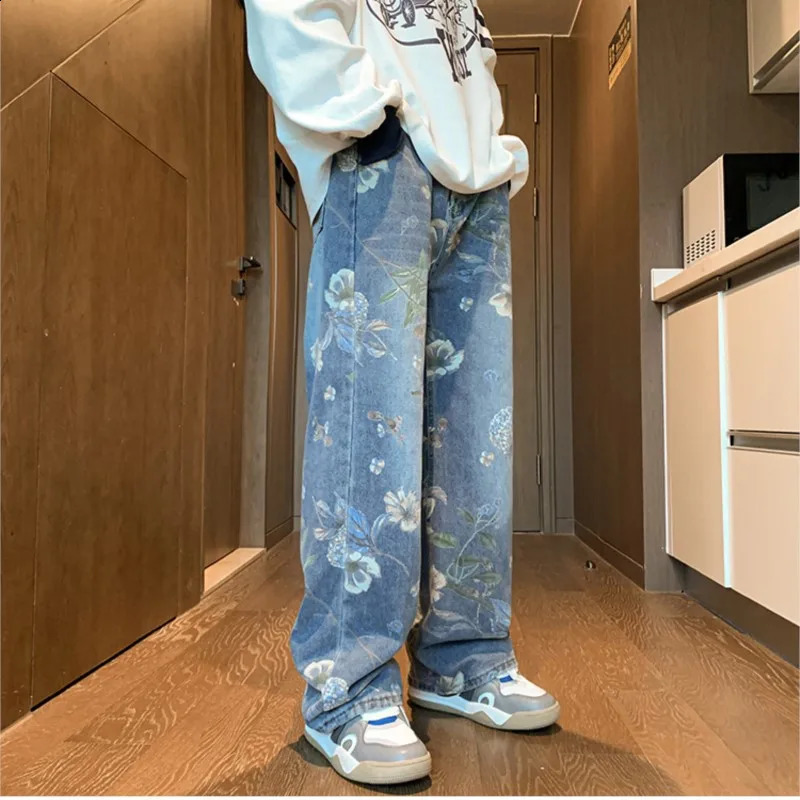 2024 baggy jeans men Floral Printed Jeans Korean Style Autumn Denim Pants High Street Loose Trousers Hip Hop Wideleg Jean 250109Z