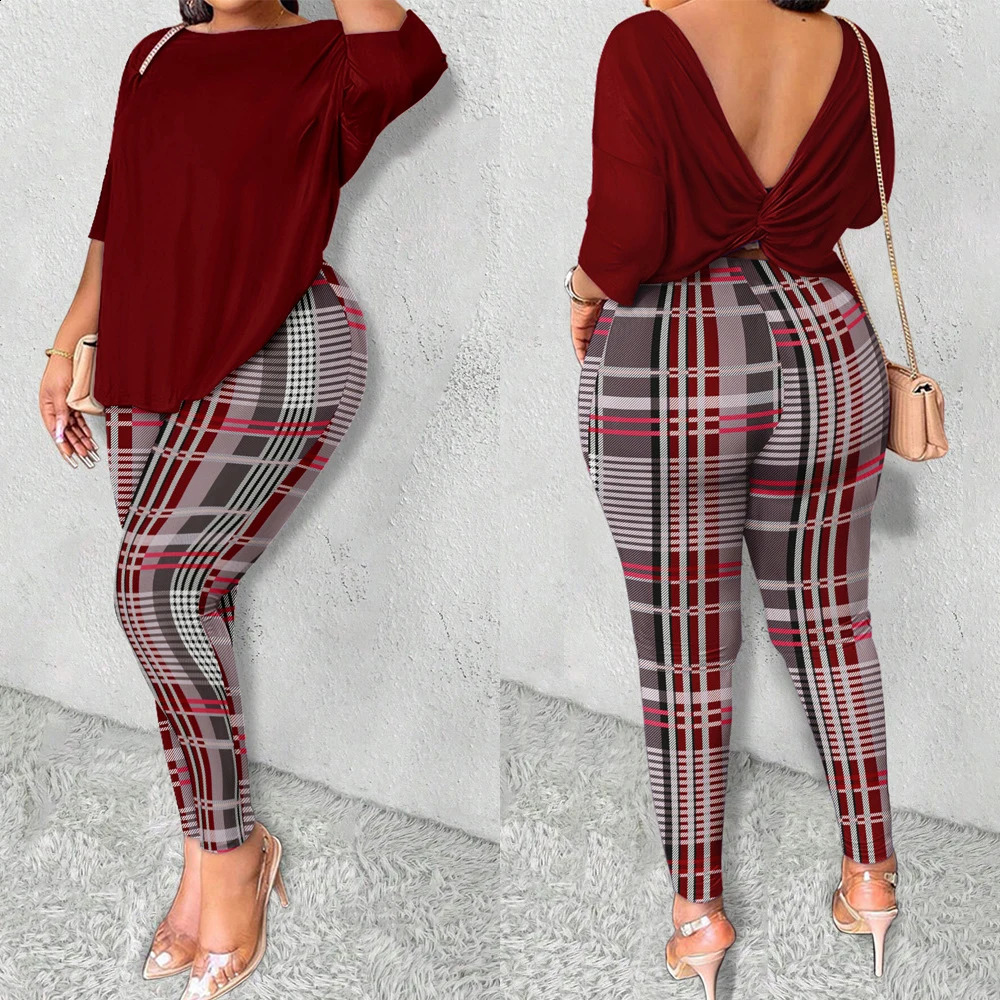 Women Clothing Winter Outfit Plus Size Long Sleeves Tops Plaid Print Pants Two Pieces Sets Autumn Chic Streetwear Fashion Suit 250106