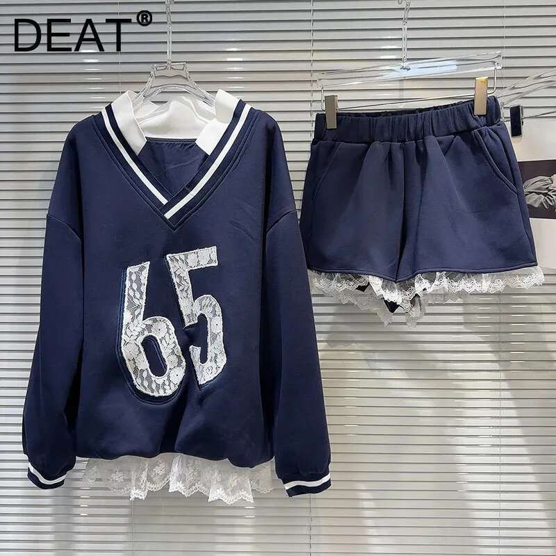 DEAT 2024 Autumn New Fashion Women's Set V-Neck Digital Pattern Embroidered Hoodie Elastic Waist Lace Edge Shorts 11A01164