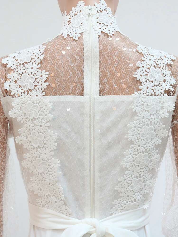 Idress Women Sequin Lace Jumpsuit Elegant Long Sleeve Wide Leg Pants Sexy See Through Evening Party Outfits Jumpsuits With Belt