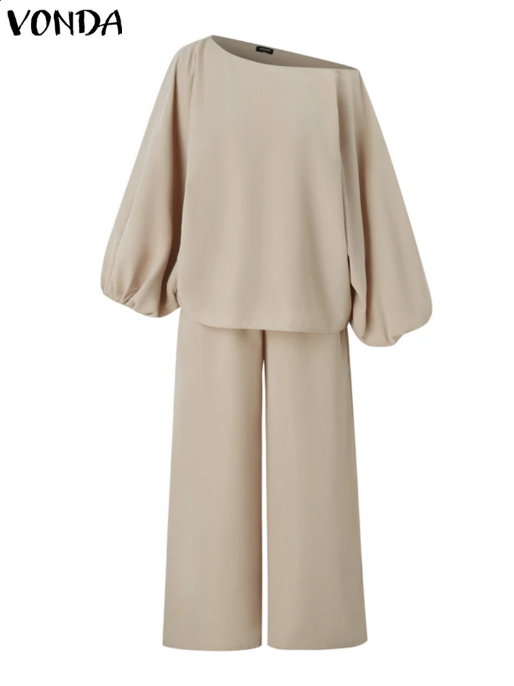 Plus Size VONDA Women Outfits Casual Slanted Collar Tops Elastic Waist Wide Leg Pant Sets 2024 Elegant Solid Pants Suits 2PCS 250106