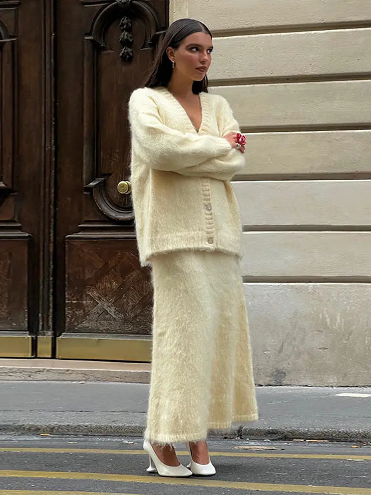 2024 Chic V-neck Mohair Cashmere Cardigan 2 Piece Set Women Elegant High Waist A-line Solid Skirt Suit Lady Fashion Knitwear 250109
