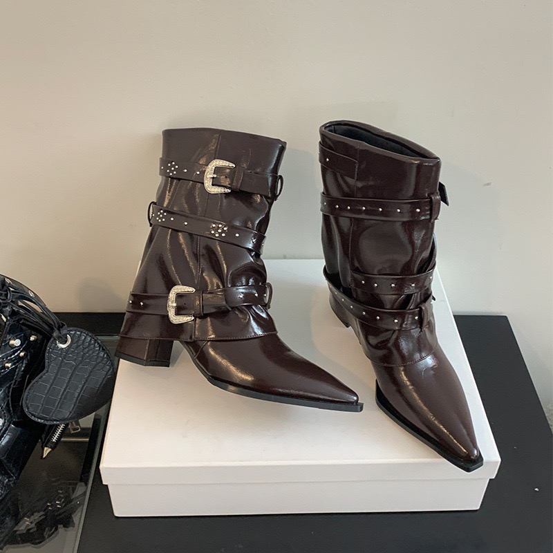 2024 Autumn/winter Square Toe Chunky Heels for Fold Belt Buckle Boots Mid-calf Women Shoes 744e