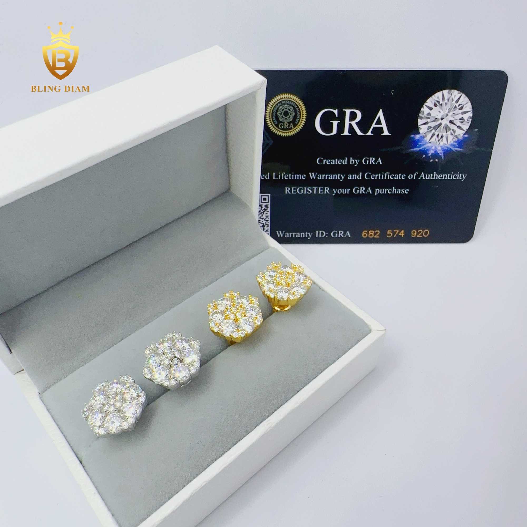 Blingdiam Moissanite Jewelry hip hop flower earrings 925 sterling Silver stud Earrings with GRA