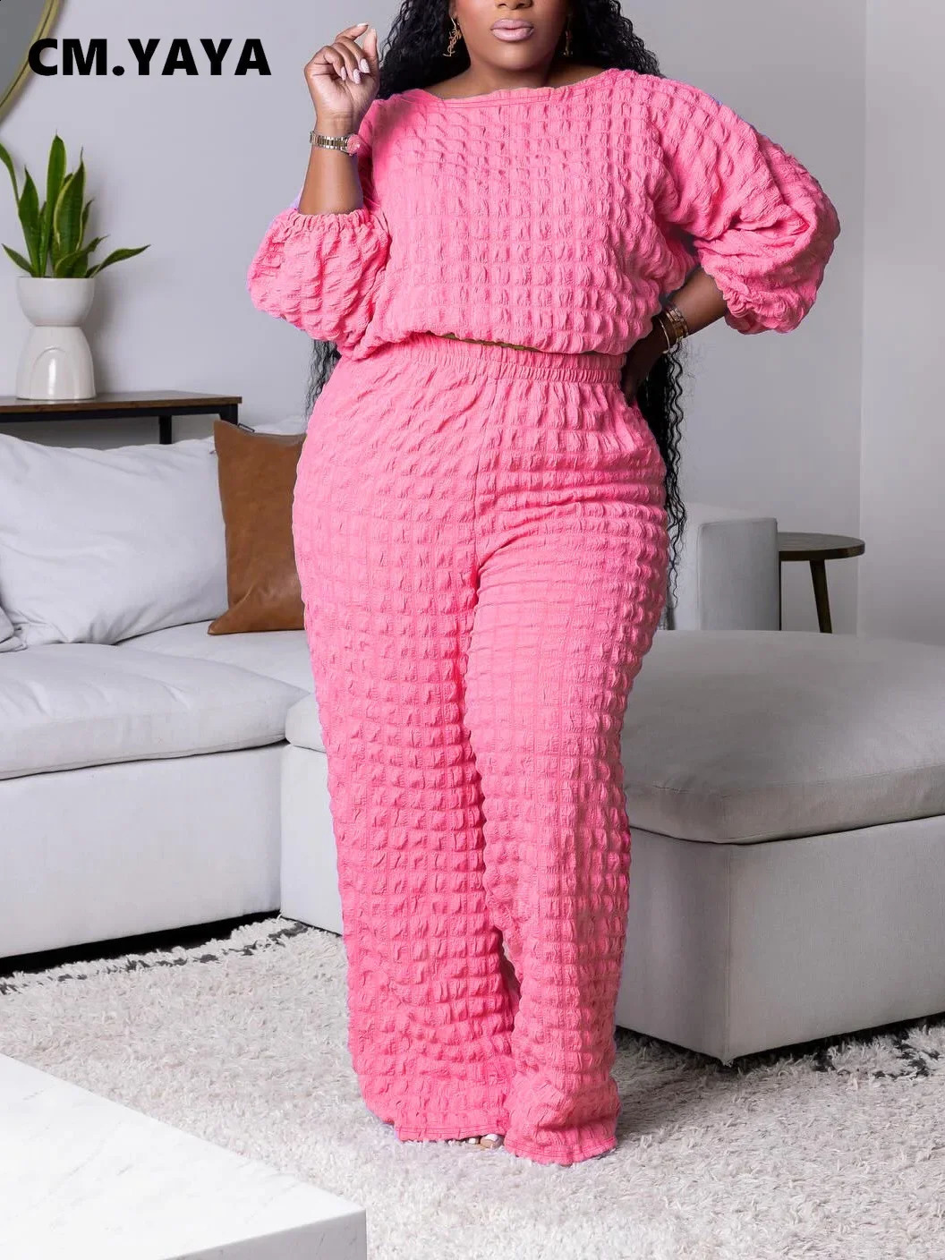 CMYAYA Plus Size Womens Set Fashion Full Sleeve Tshirt Top Wide Leg Pants Matching Two 2 Piece Outfit Tracksuit Fall y250122