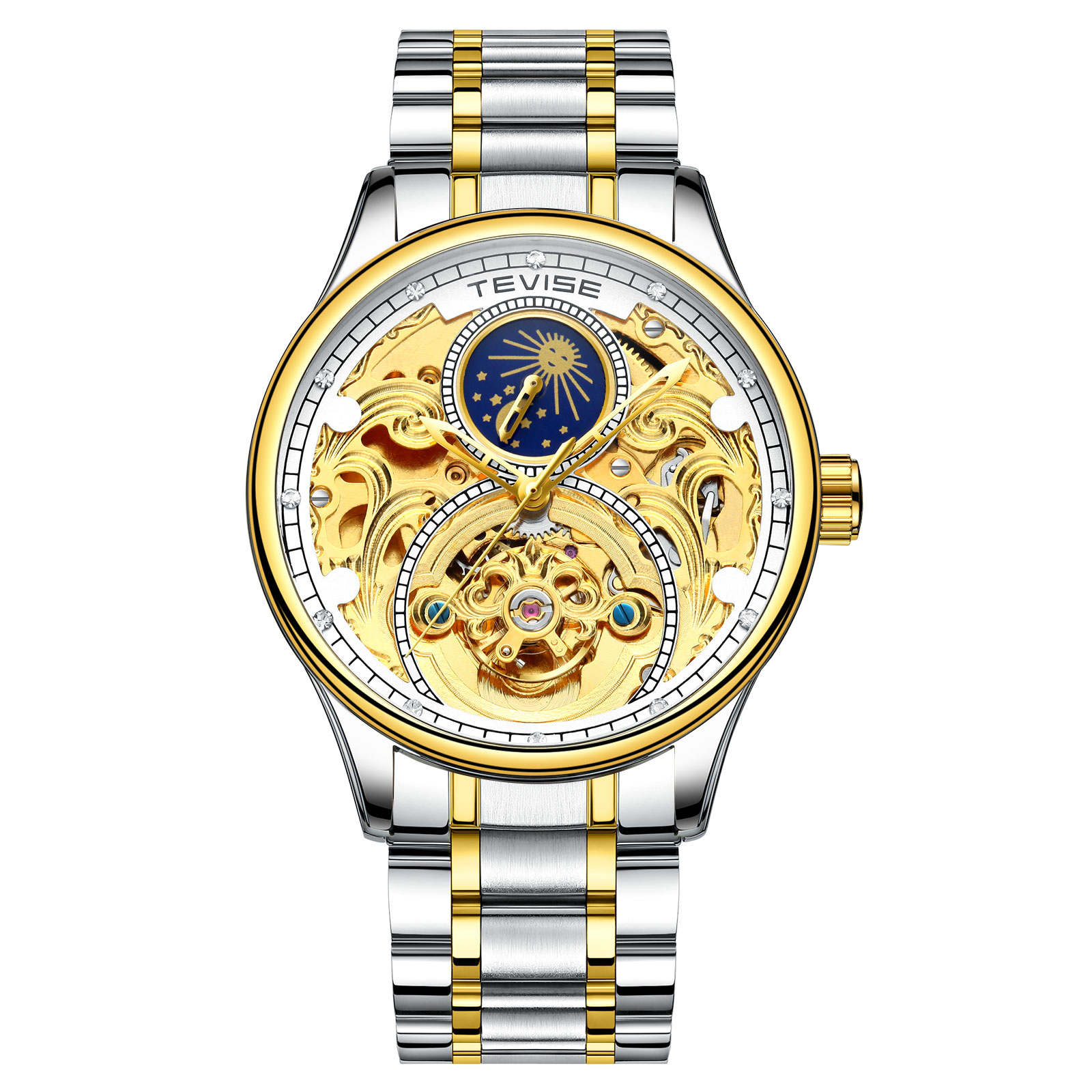 TEVISE Designer Watch Automatic Mechanical Watch Tourbillon Moon Phase Automatic Hollow Mechanical Men's Waterproof Watch T061-T820A