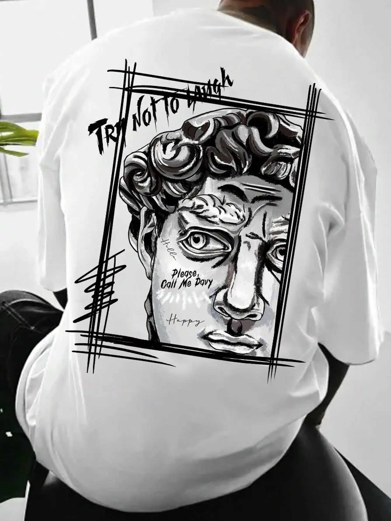 Creative Sculpture Expression Text Design Men Cotton Tops Crewneck New T-shirt Fashion Loose Clothing Autumn New Top X250113