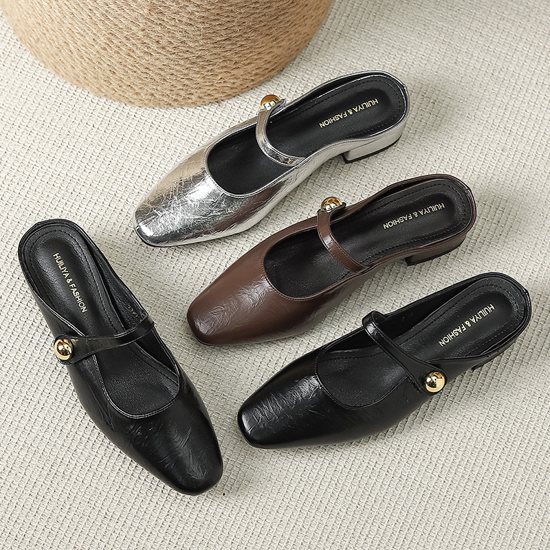 Leather Women Low Heel Slippers Fashion New Mule Shoes Pointed Toe Slides Patchwork Sandal Ladies atos Mujer ert5 9eae