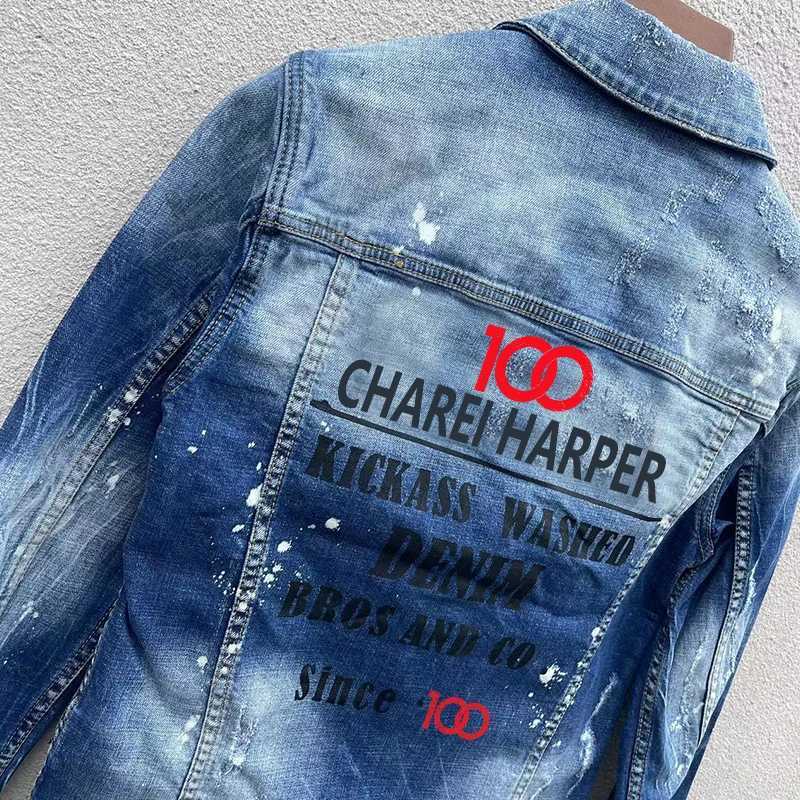 100 CHAREI HARPER 1902 Autumn/Winter fashion mens denim coat jacket Ripped patch paint point long sleeve denim coat trend X250113
