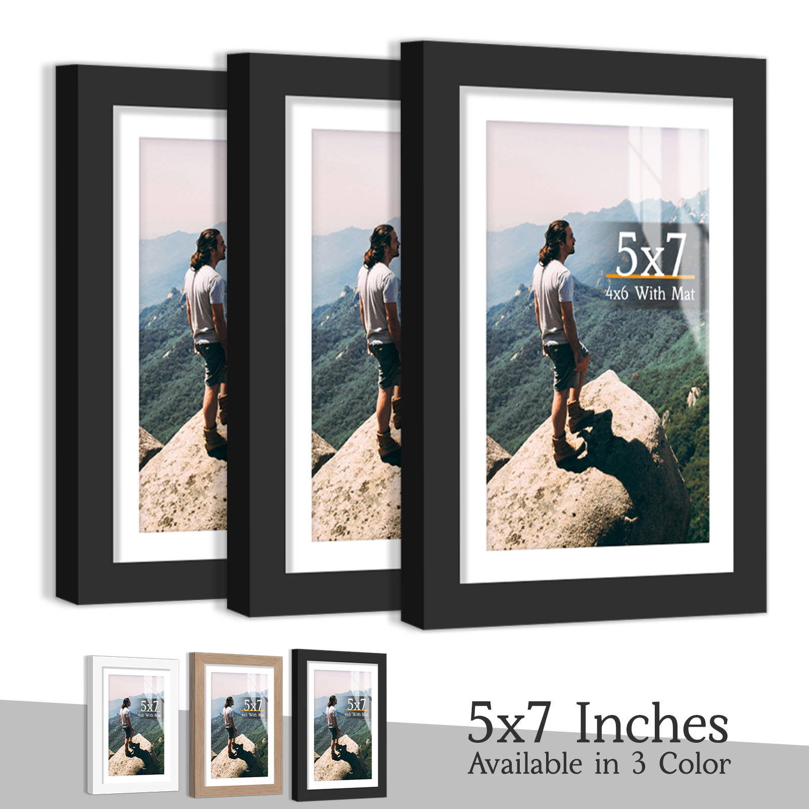 3pcs Picture Boxed Set, Display Pictures 4x6 With Mat or 5x7 Without Mat, Black/White/Burlywood Photo Frames H260306