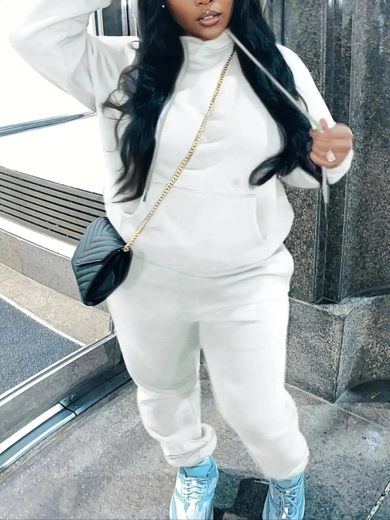 LW Plus Size Fleece Plain Two Pieces Pants Suits Autumn Winter Thickened Hooded Collar Kangaroo Pocket Drawsting Tracksuit Set y250122