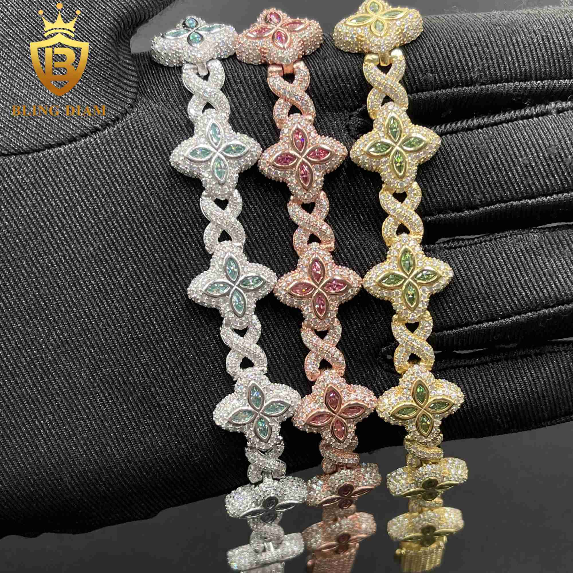 New Design 15mm Marquise Flower Design Hip Hop Jewelry Iced out Moissanite Diamond Cuban Link Bracelets Men Women
