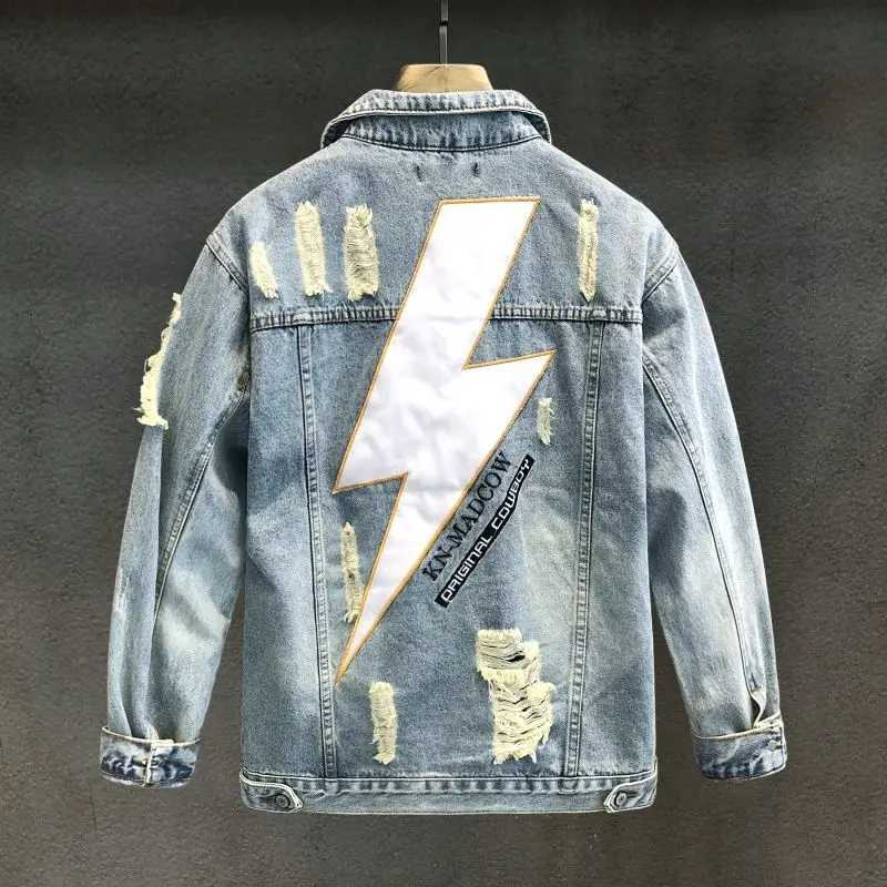With Print Mens Denim Jacket Embroidery Hole Light Ripped Male Jean Coats Japanese Retro Cowgirl Washed Trendy New in Joker Y2k X250113
