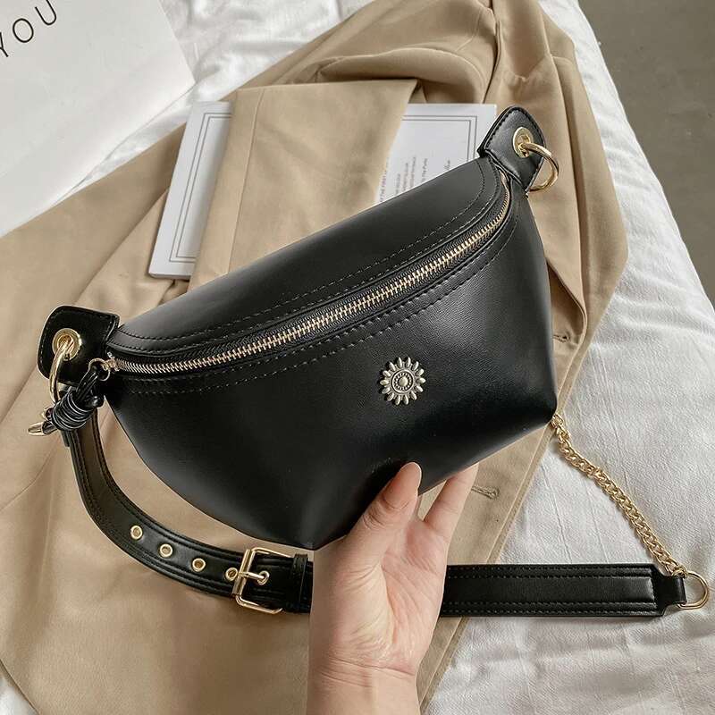 Chain For Women Sier Fanny Quality PU Leather Saddle Crossbody Chest Female Waist Pack Banana Hip Bag Purse