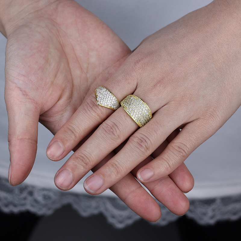 Gold Color Micro Pave 5A Cubic Zirconia Ice Out Finger Ring Prong Setting CZ Bling Women Men Wedding Engagement Jewelry