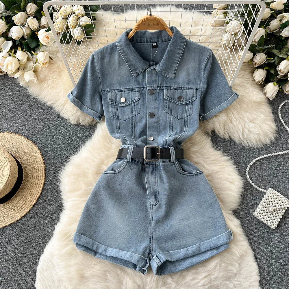 Jumpsuit Denim Shorts 2024 Womens Lapel Short Sleeved Belt High Waisted Wide Leg Shorts Fashionable High Street Ladies Wear 250107