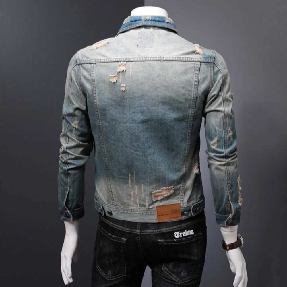 Short Male Jean Coats with Hole Blue Ripped Casual Slim Mens Denim Jacket Autumn of Fabric Japanese Retro Low Cost Fashion Rock X250113