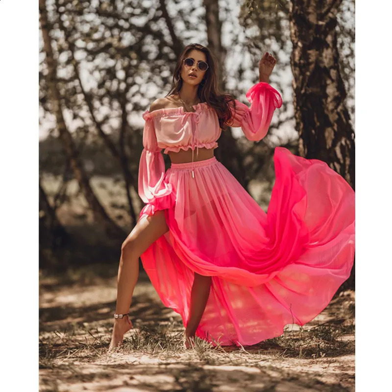 Women Long Sleeve Bikinis Cover ups Swim Long Cover up Tie-Up Crop Tops High Waist Long Skirt Kaftan Beach Tunic Dress 250109